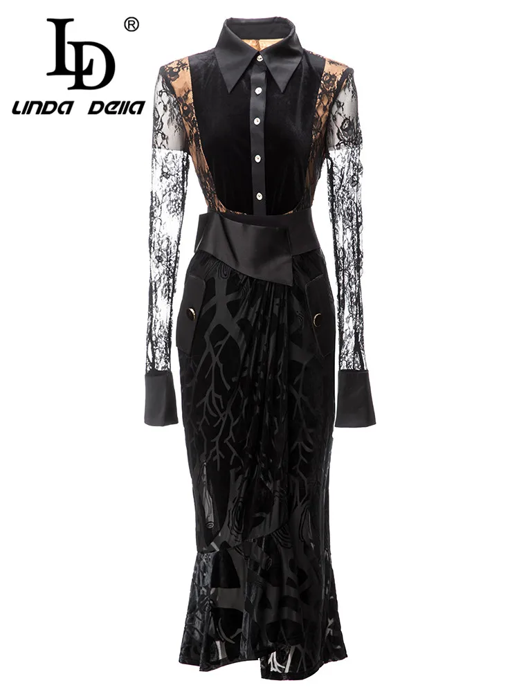 

LD LINDA DELLA/осеннее платье для дня рождения, Женский комплект, черный однобортный Топ с дырочками + комбинированные юбки, комплект из 2 предметов