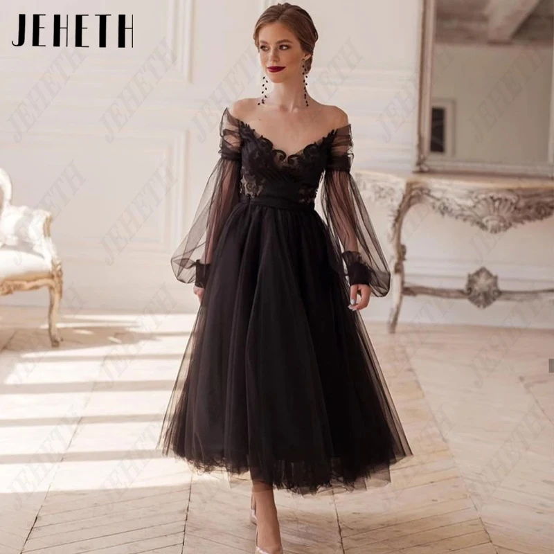 

JEHETH Lace Cap Sleeve Prom Dress Women Puff Sleeves Tulle Evening Gown Vintage A-Line Party Backless Robes De Soirée Tea-Length