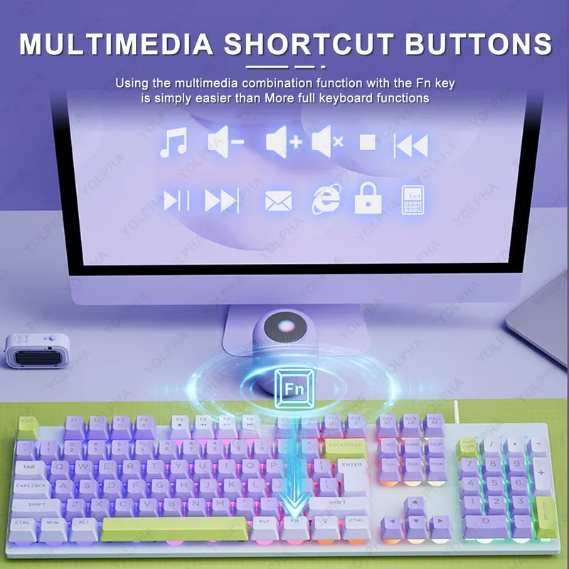 7 Colours Wired Keyboard 104 Keys Rainbow Backlit Office Gaming Keyboard QWERTY Layout Suspended Keys Square Cap Gaming Gear