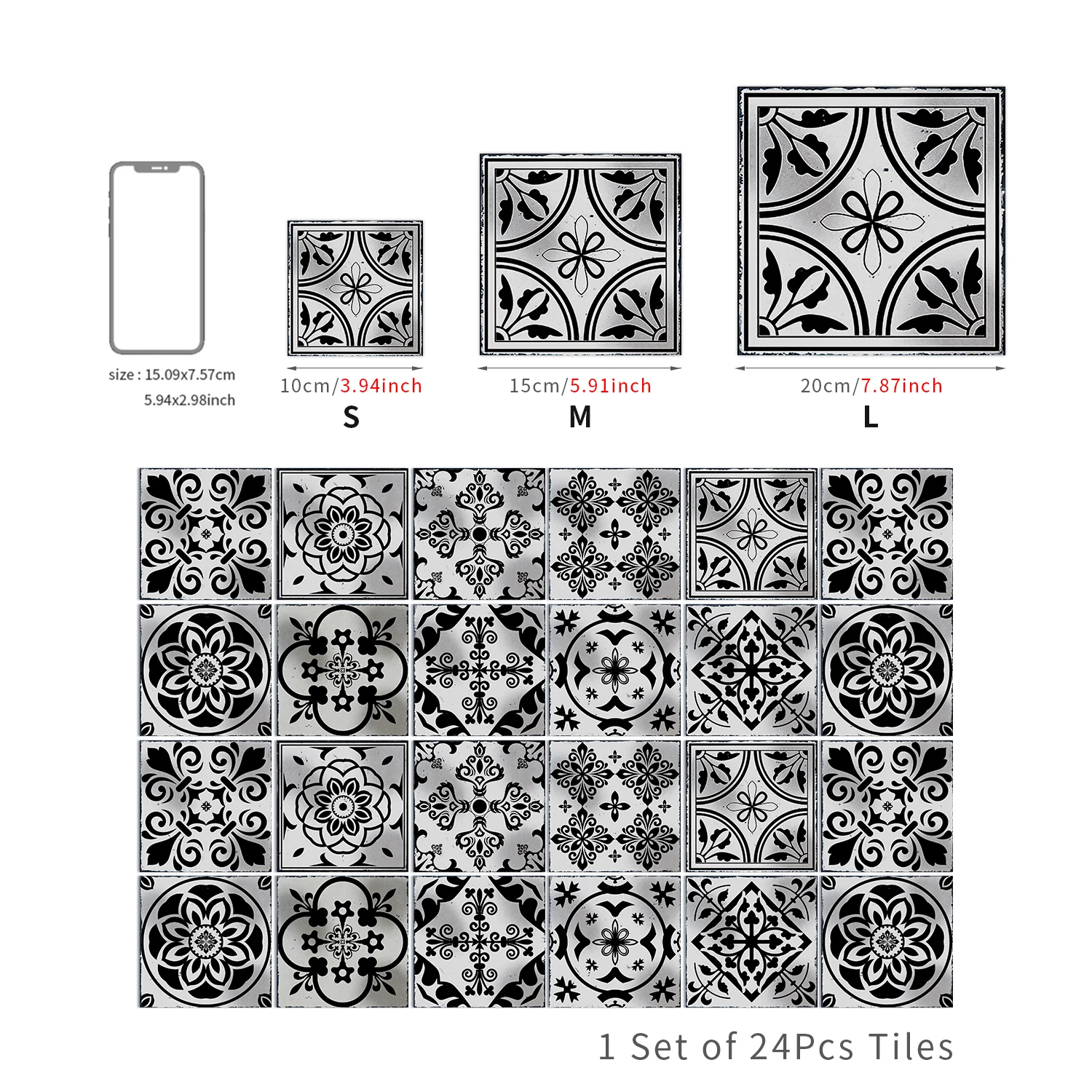 24pcs/Set Gray Moroccan Art Self-Adhesive Wall Sticker Kitchen Bathroom Decoration Vinyl Waterproof Wallpaper Home Decal