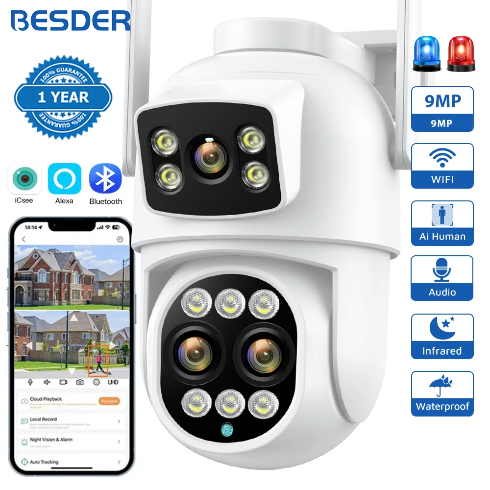 BESDER 9MP Wifi Camera Dual Screens Outdoor Night Vision 8X Digital Zoom 6MP PTZ Security Protection CCTV Surveillance IP Camera