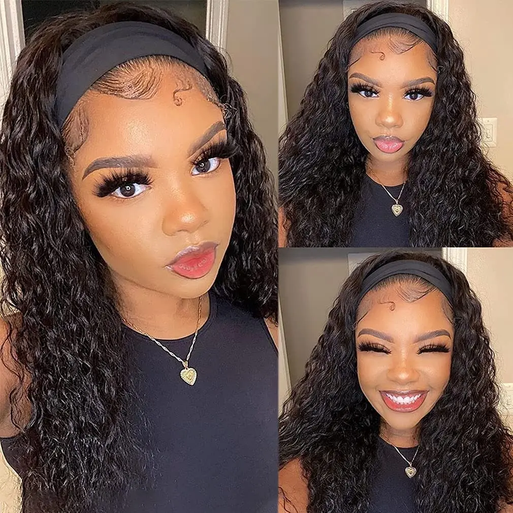 Headband Wigs Human Hair 28 30 32 Inch Water Wave Wigs 100% Real Hair Curly wig None Lace Front Wigs Full Machine Made Wigs 6
