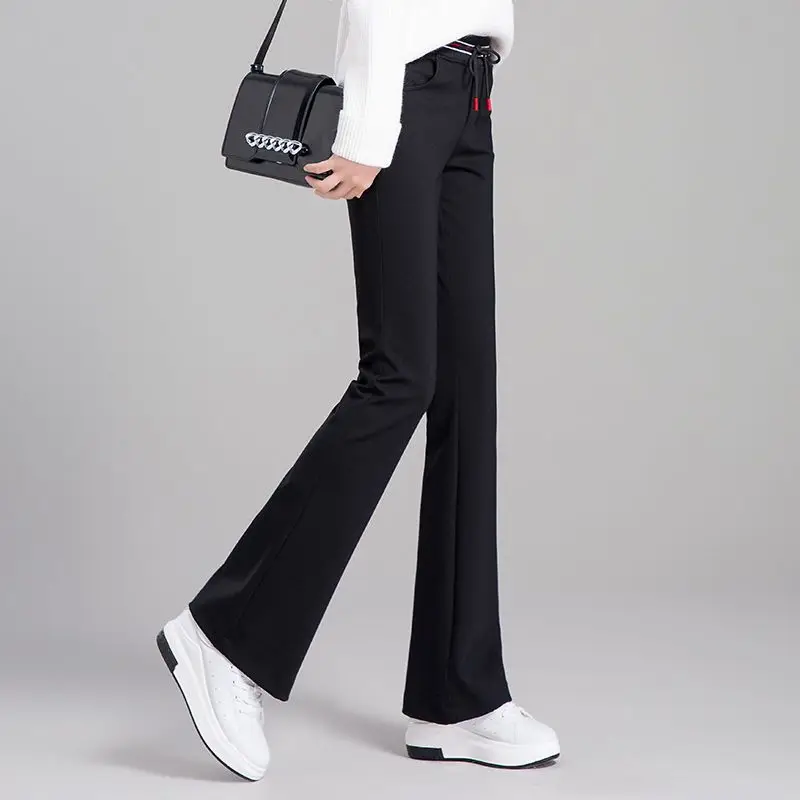 Women's Elastic Waist Drawstring Solid Color Pockets Flare Spring and Autumn Slimming High Waist Slim Casual Trousers Pants