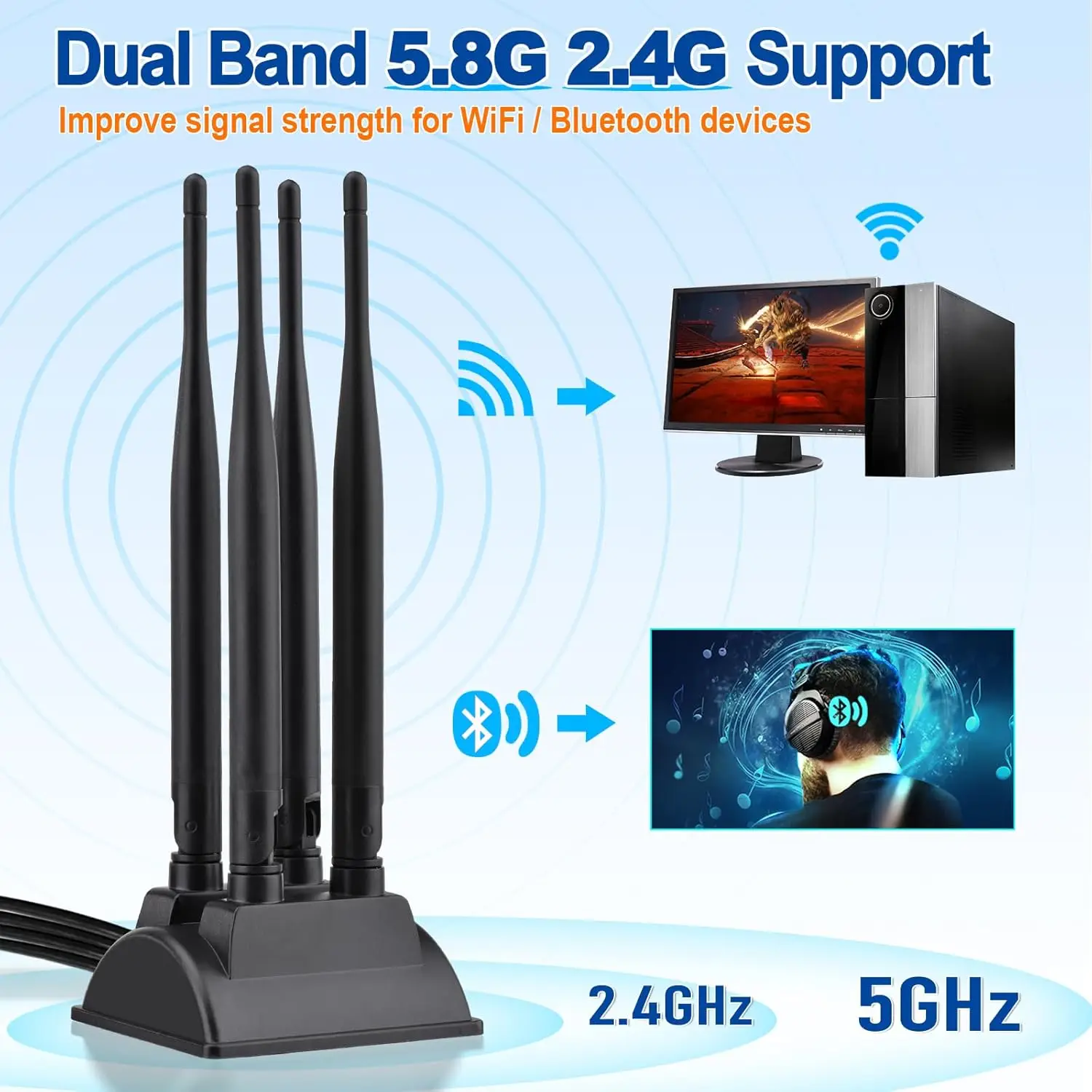 듀얼 밴드 WiFi6 안테나 2.4GHz 5GHz,4 RP-SMA 커넥터 PC 데스크탑 컴퓨터용 자기 베이스 PCIe 블루투스 카드 무선 라우터