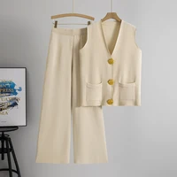 Casual Knit 2 Pieces Suit Women V-neck Sleeveless Single Breasted Slim Tank Wide leg Pants Female Set 2025 Spring Summer - Image 4