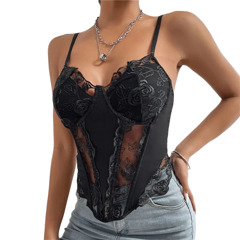 Xingqing Summer Women Corset Top See Through Sleeveless Lace Camisole Black  Floral Embroidery Splicing Camis Tanks Clubwear - AliExpress