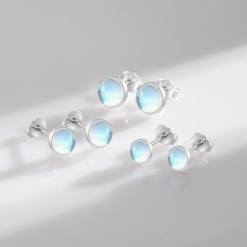 Silver Stud Earrings 925 Sterling Silver Round Moonstone 4 5 6 MM for Women