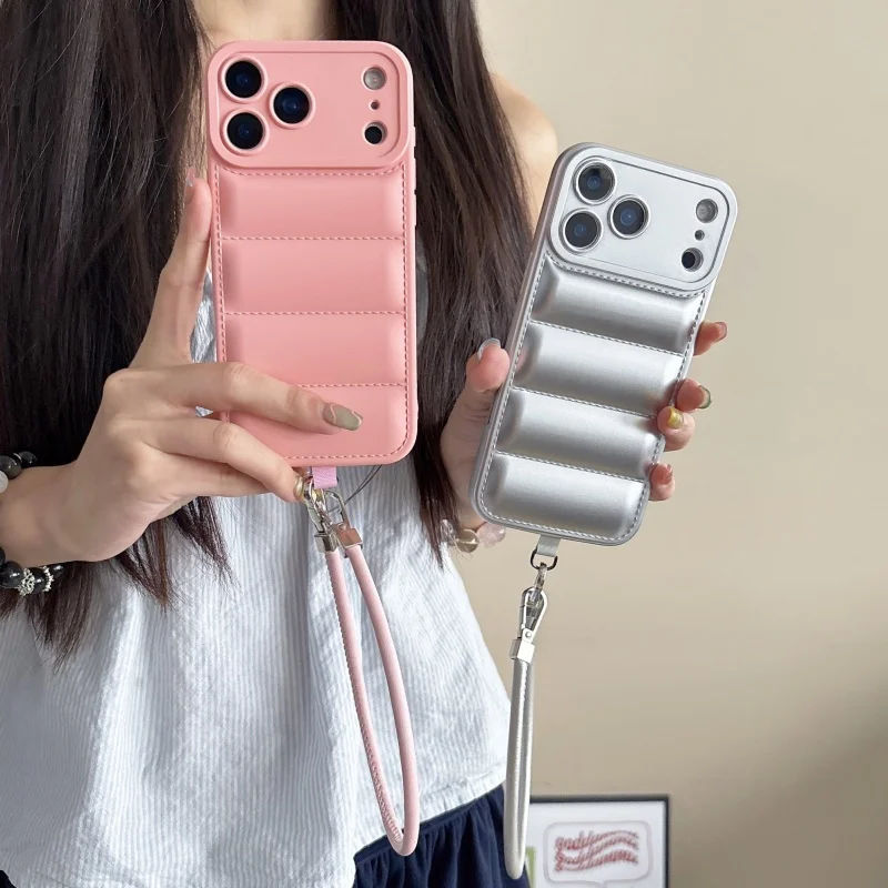 Luxury Wave Puffer Down Jacket Wrist Strap Phone Case - Solid Color Soft Cover