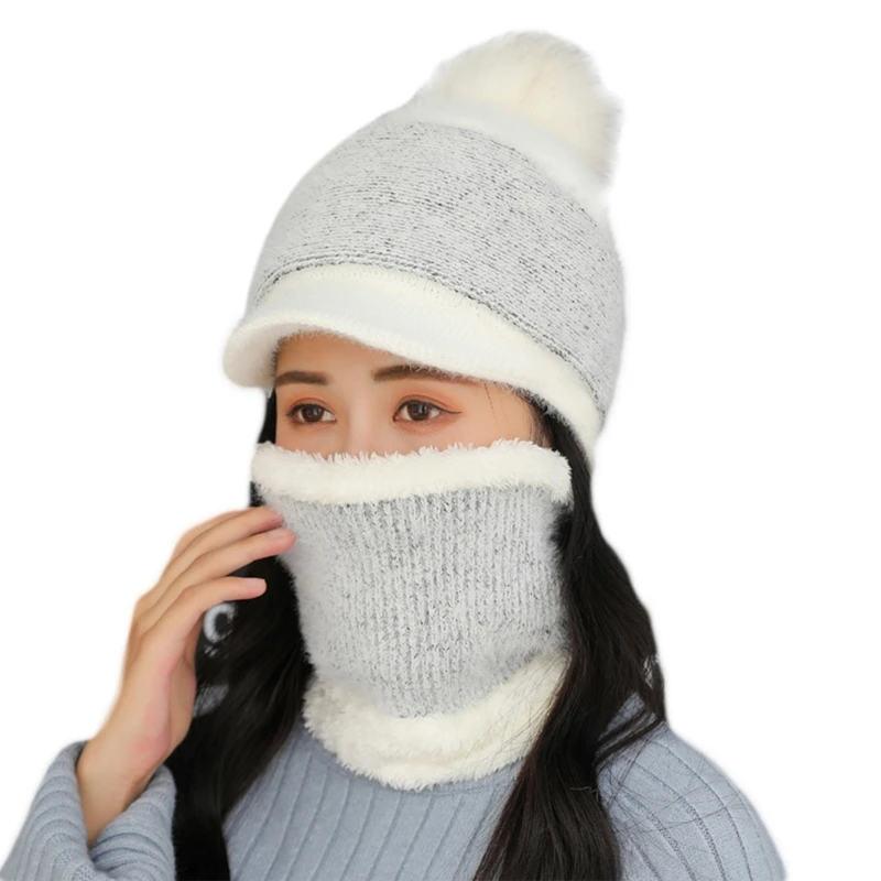새로운 스타일 여성 겨울 2Pcs 세트 바이저 비니 모자 스카프 니트 플러시 줄 지어 Skullies 야구 모자 Windproof 목