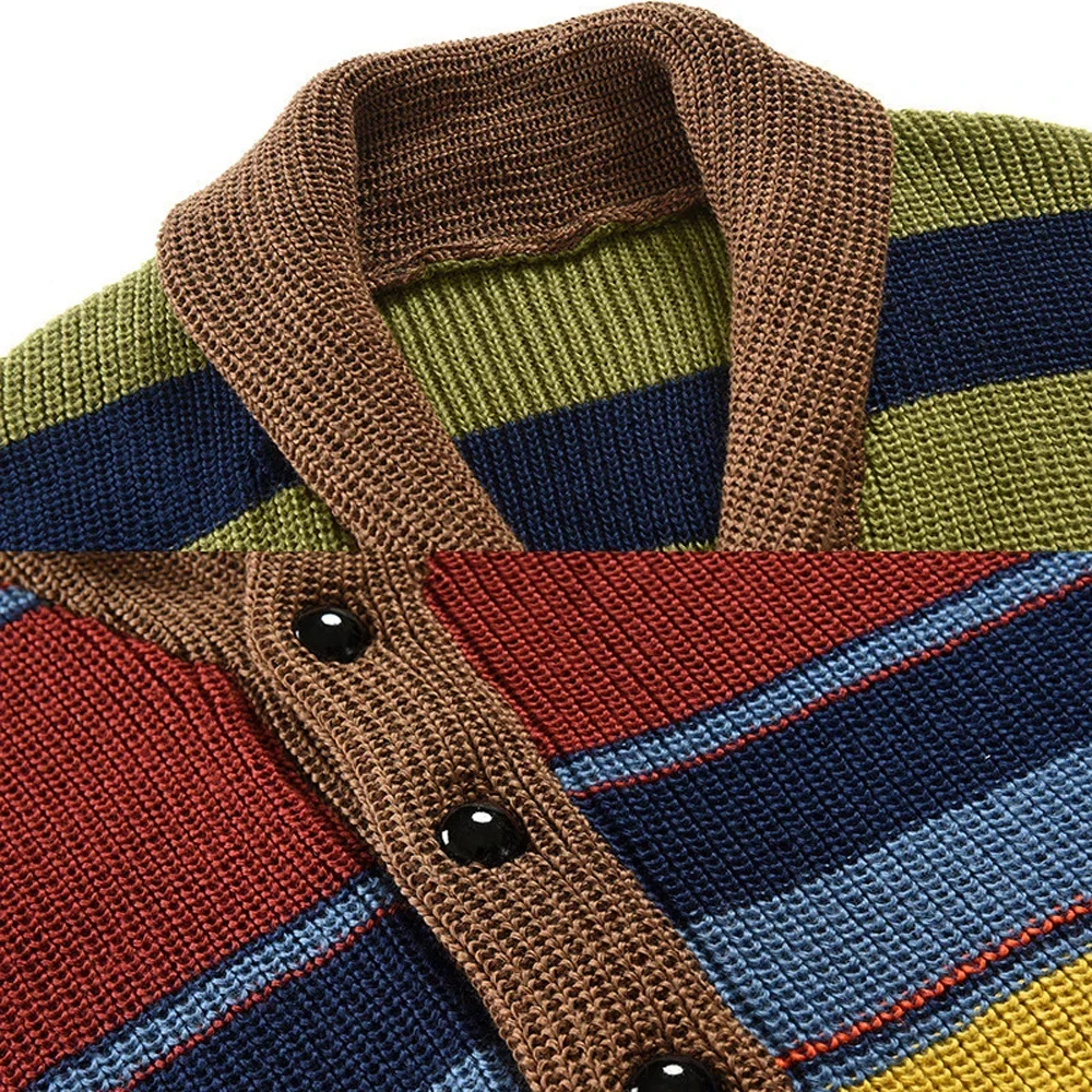 Autumn Winter Men's Rainbow Lapel Sweater Coat Button Long Sleeve Color Matching Cardigan Coat Casual Loose Street Men's Wear