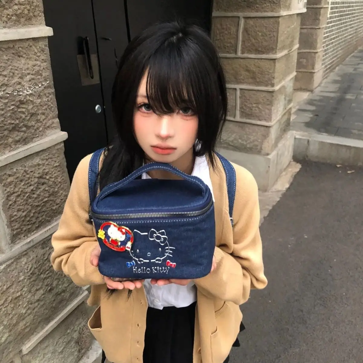 Hello Kitty Girls Handbag Cute Anime Cartoon Girls Denim Cosmetic Bag Storage Bag Holiday Gifts