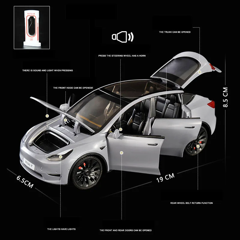 1:24 Scale Tesla Model Y New Energy Vehicle Metal Diecast Car EV Pull Back Alloy Toys With Light Sound Collection For Kids Gifts