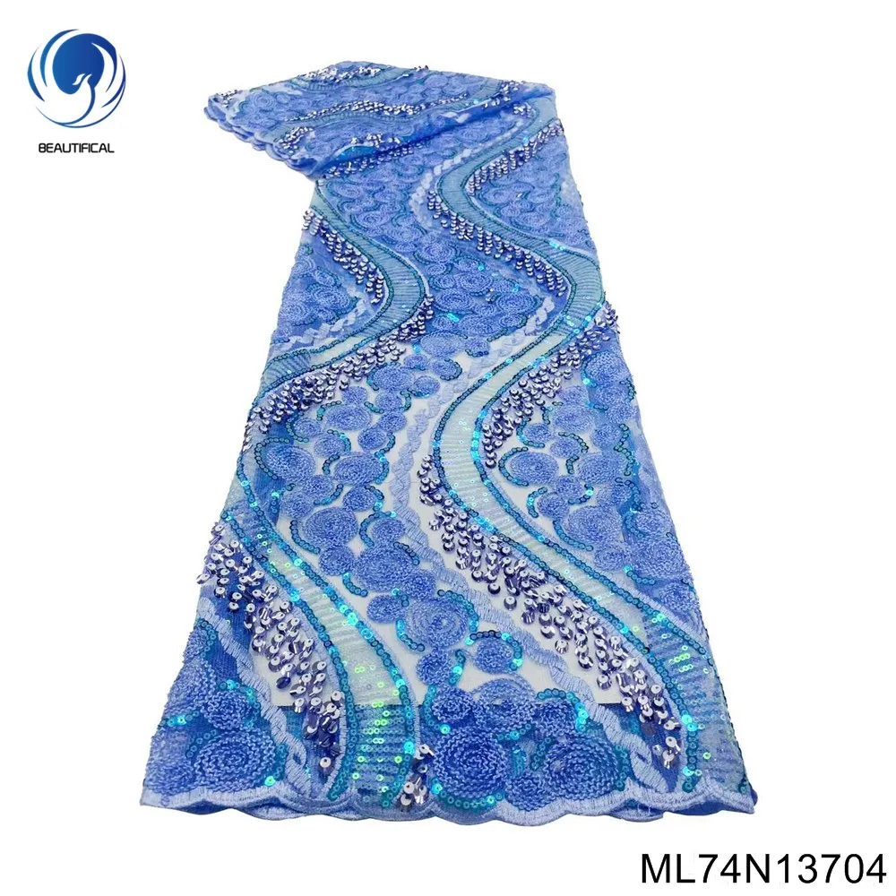 

2023 Latest African Mesh Lace Embroiderey Sequins French Tulle Fabric for Nigerian Wedding Party Sew Cloth ML74N137