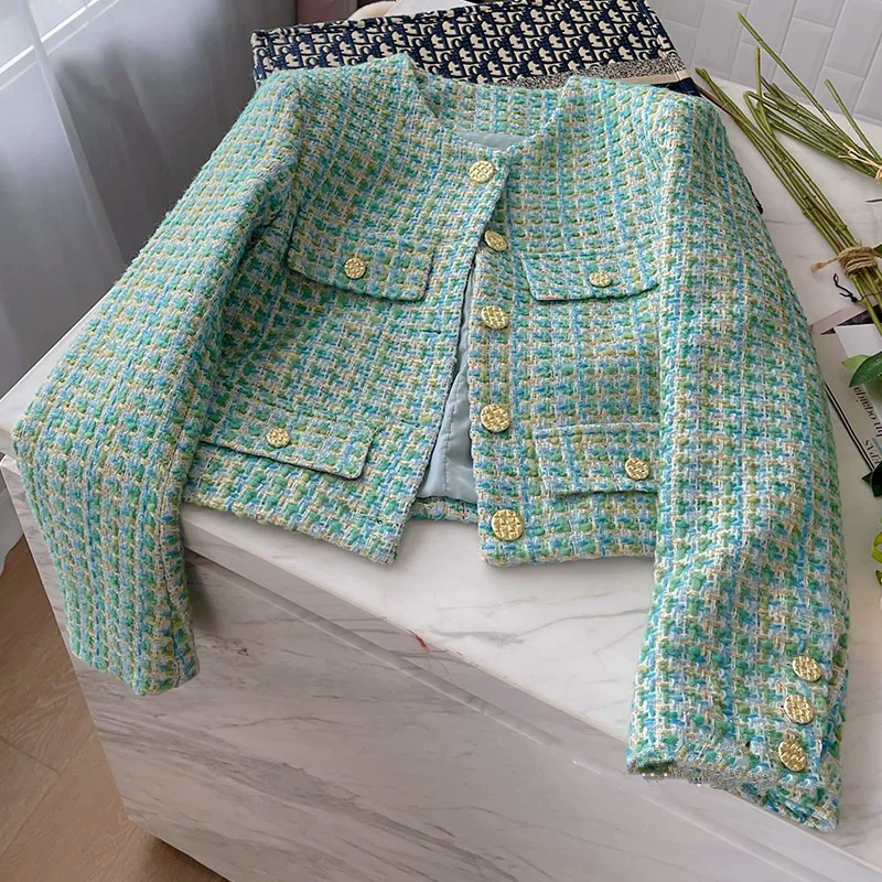 

Spring Autumn Green Plaid Tweed Jacket Women's New Luxury Korea Elegant Casual Loose Simple Small Fragrant Basic French Coat