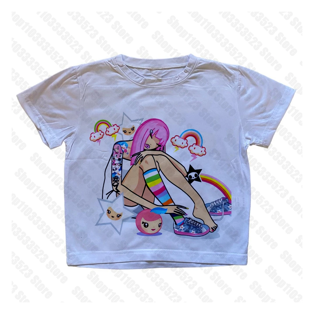 Owegvia T-shirt da donna Y2k con stampa grafica vintage estetica fata grunge basic slim crop top harajuku gotico manica corta estate t-shirt, D01- Multicolore, S