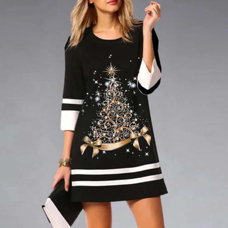 Christmas Dresses For Women Fashion O Neck Wine Print 3/4 Sleeve Loose Party Dress Women Casual Mini Dress