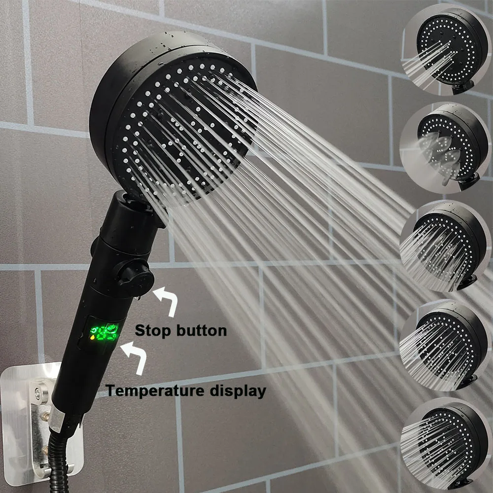 Led Digital Temperature Display Shower Head Modos Alta Pressão Economia de Água Banheiro Parar a Água Spray Ajustável