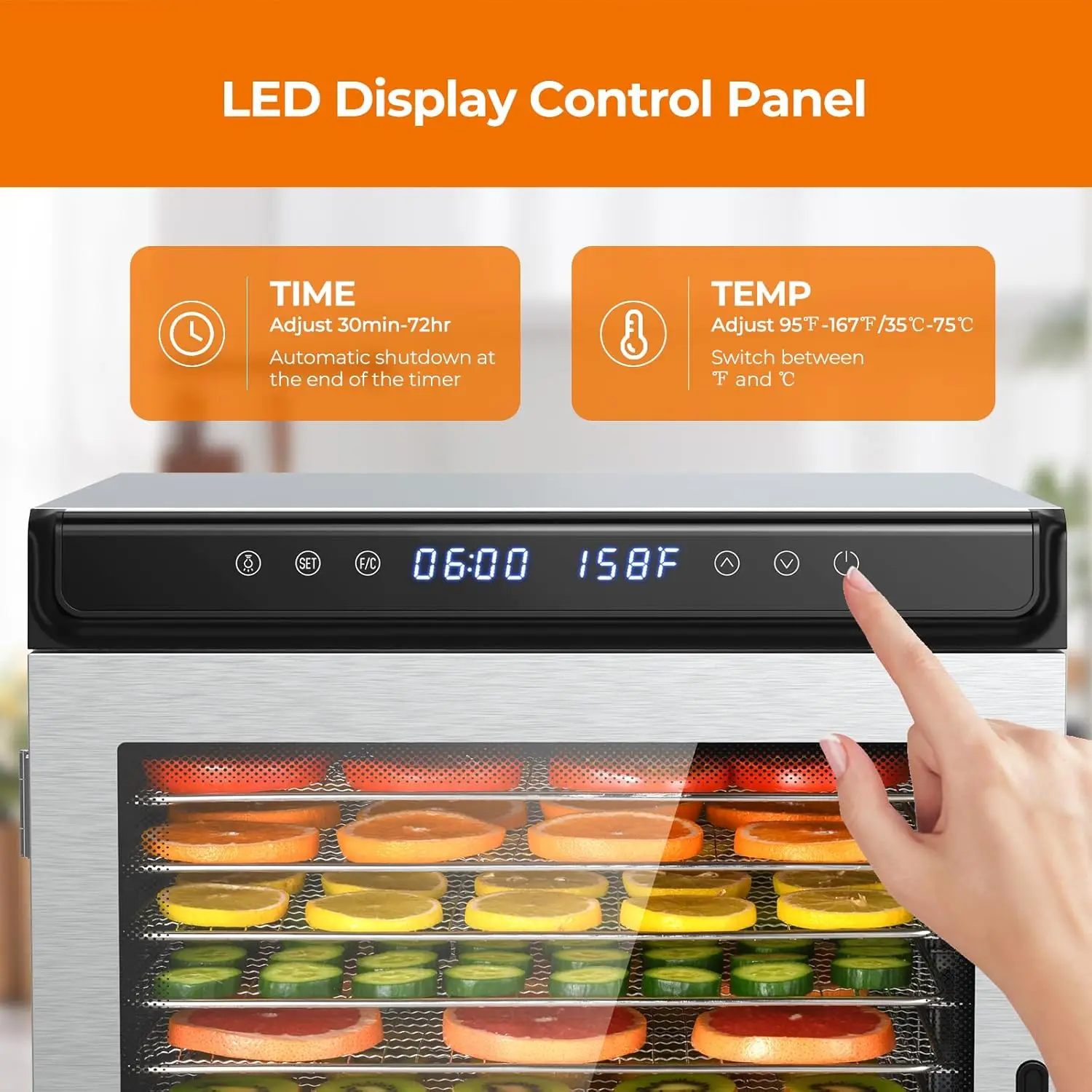 Food Dehydrator Machine 12 Stainless Steel Food Dryer 72H Timer Temperature Control 1300W Dehydrators
