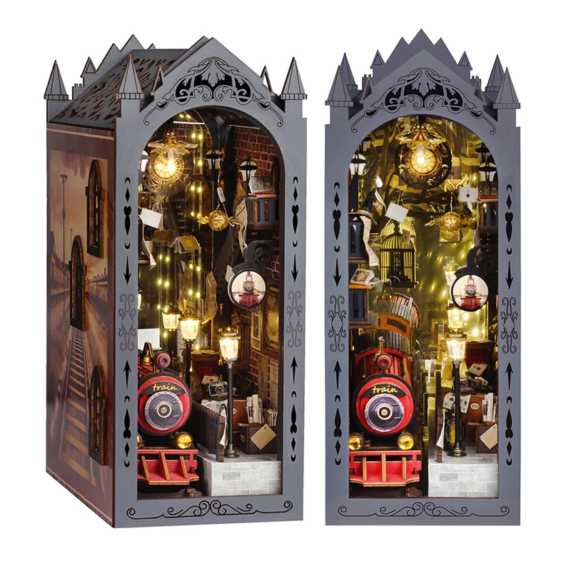 DIY Holz Puppenhäuser Buch Nook Regal Einsatz Kit Miniatur Modell Kits 3D Puzzle Bücherregal mit LED-Leuchten für Weihnachtsgeschenke