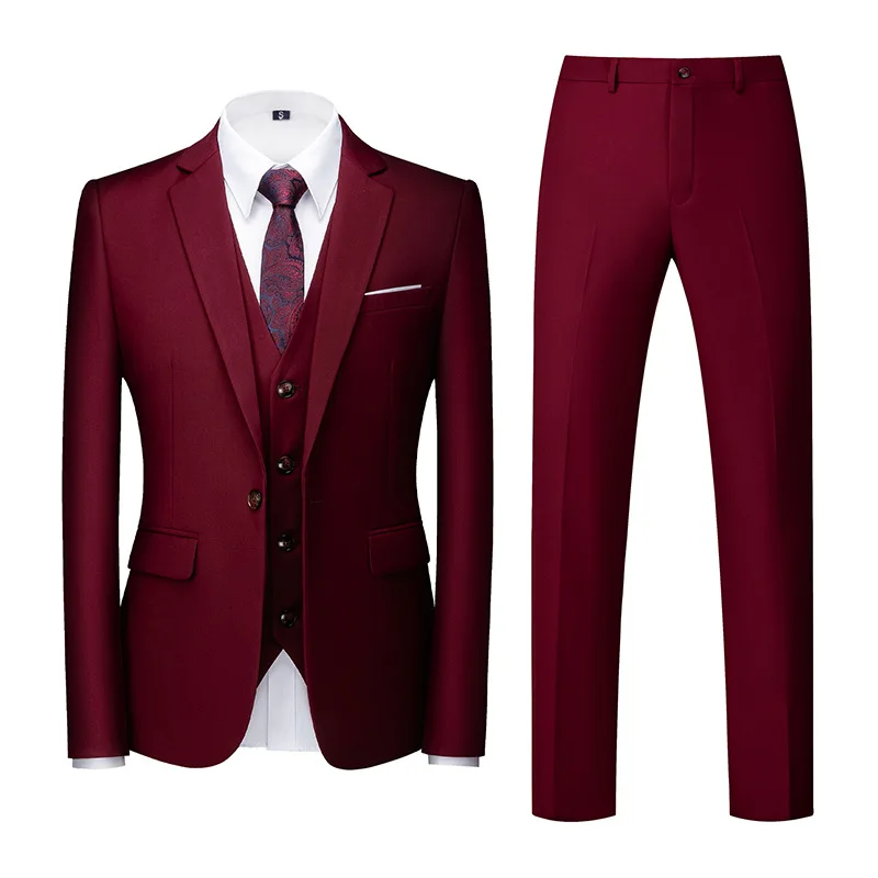 Men Business 3 Piece Set Office Fashion Solid Color Single Button Male Slim Jacket Sets Luxury Wedding Suit (Blazer+Pants +Vest)