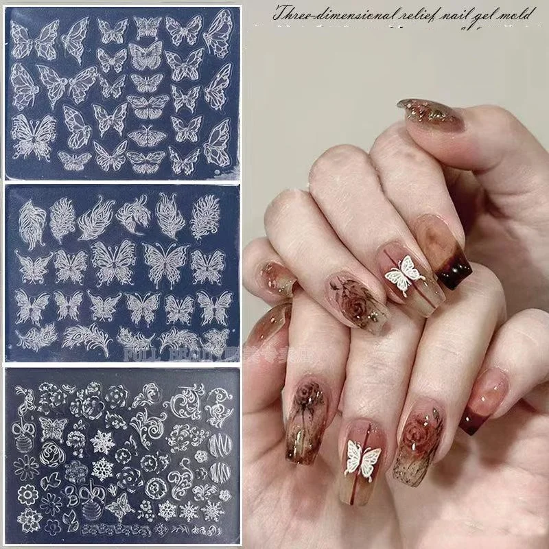 1PC 겨울 스웨터 3D 실리콘 네일 몰드 나비 꽃 레이스 몰드 스탬핑 플레이트 네일 스텐실 DIY UV 젤 네일 조각 몰드