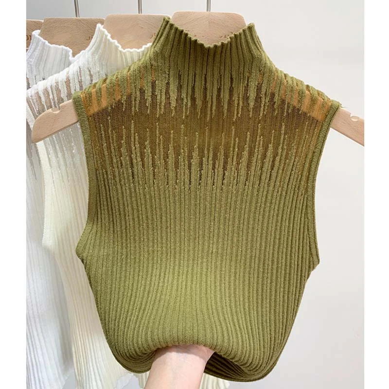 

Half Turtleneck Knitted Elegant T-shirt Sleeveless Summer Tank Top Women Hollow Out Solid Sexy Slim Camis Vest Clothing 27856