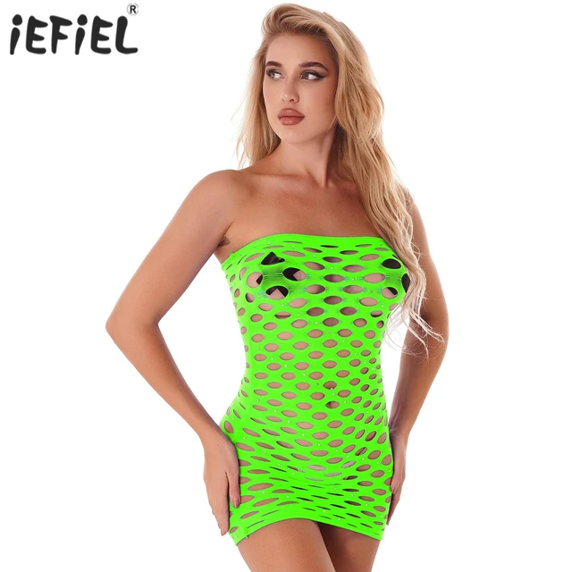 Womens Sexy Hollow Out Fishnet Tube Dress Bodycon Strapless Mini Dress  Nightwear