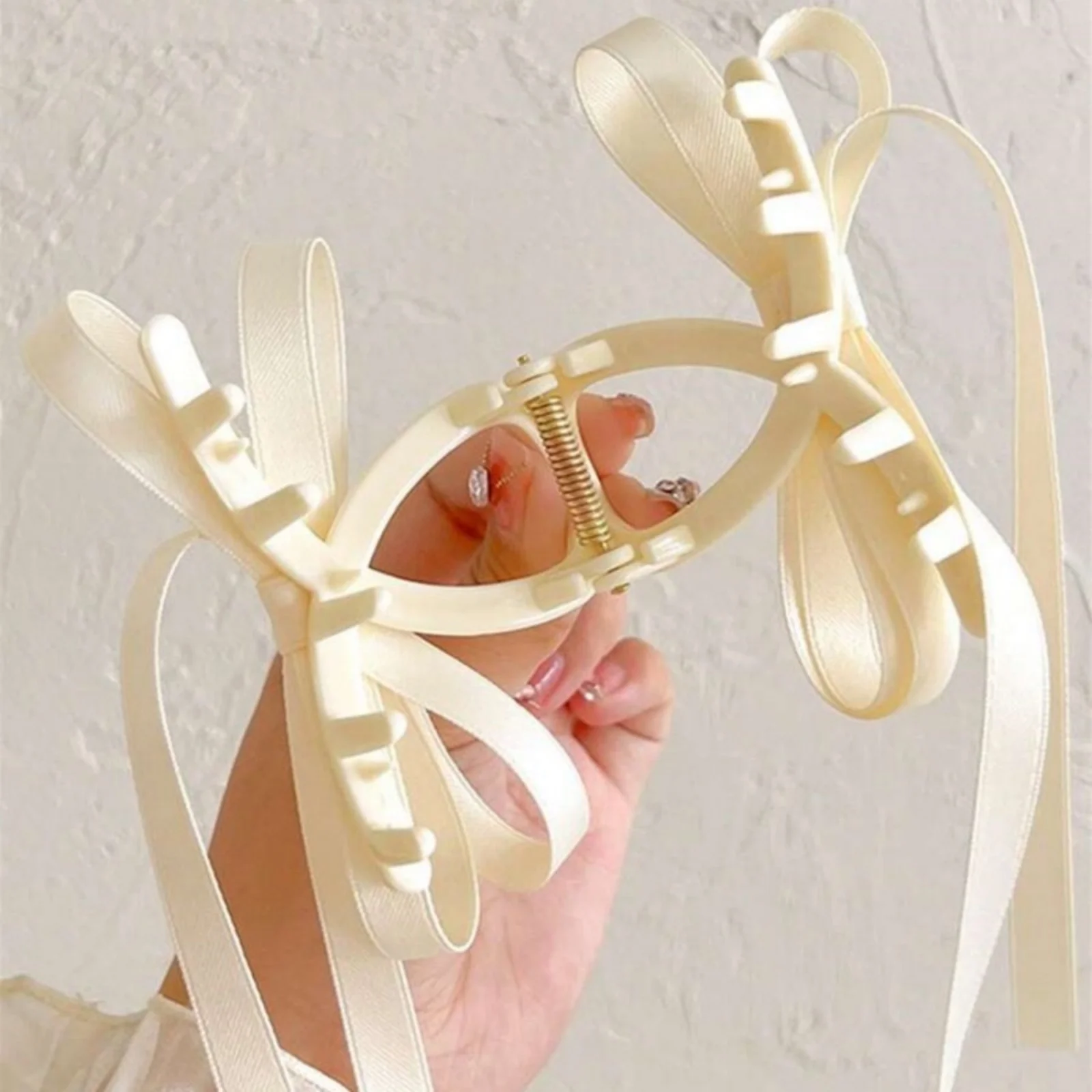 1PC Satin Bow Hair Claw Clip, Elegant Long Ribbon Hair Accessory, Chic Beige Hair Clip For Women, Trendy Updo Hair Decor