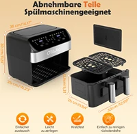 Friteuse à air 10 L avec séparateur amovible, fenêtre de visualisation, affichage tactile LED numérique, 12 fonctions, circulation d'air chaud, 2600 W 6