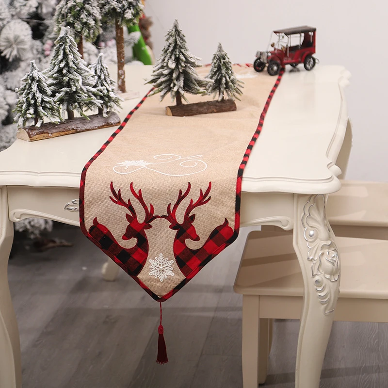 

Christmas Decorations 2022 Linen Table Runner with Tassels Elk Table Flag Tablecloth Placemat Table Decoration New Year's Decor