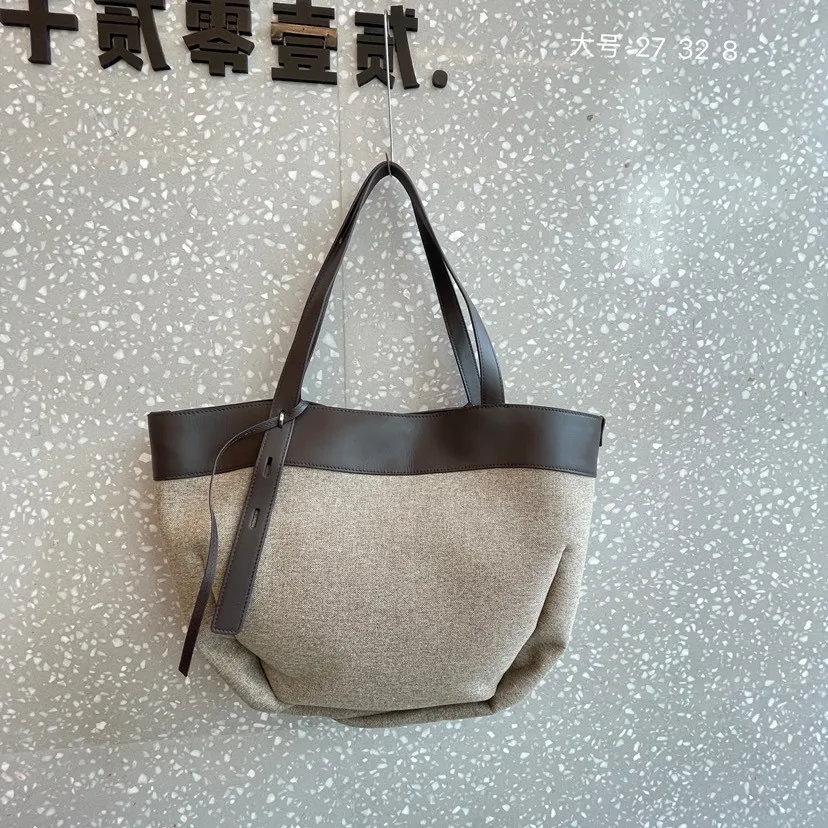 Large Capacity Canvas Tote Bag  Designer Splicing Commuter Handbag Single Shoulder Bag Fashionable Versatile genuine leather