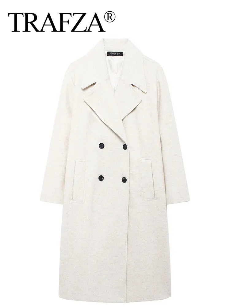 TRAFZA 2024 Autumn New Women Loose Coat Lapel Double Breasted Long Sleeve Jacket Winter Warm Thick Vintage Solid Trench Outwear 4