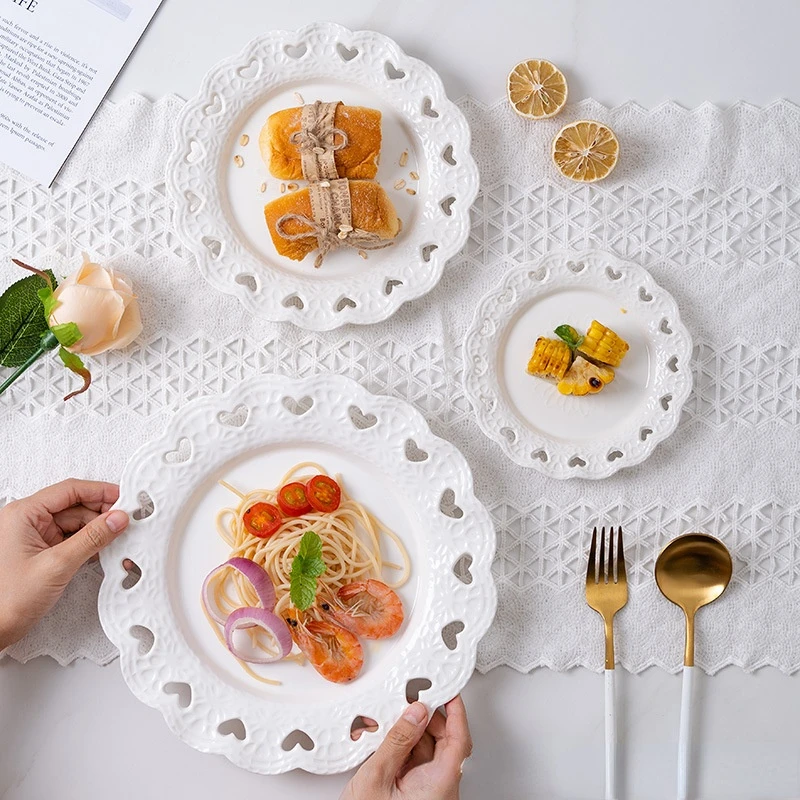 European Relief Love Plate Pure White Heart-shaped Hollow Plate Household Round Bowl Cake Ceramic Dessert Dinner Set Dishes