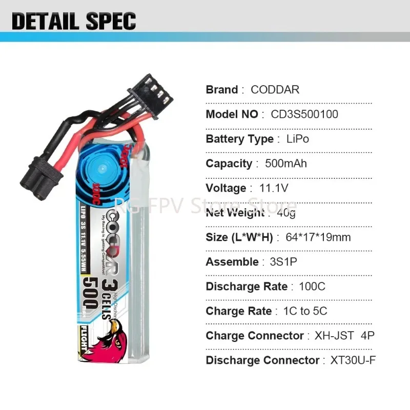 Coddar 500Mah 3S 11.1V 100C Xt30 Rc Lipo Batteria Fpv Stuzzicadenti Drone Cinewhoop Cinelog Cinewhoop Rc Giocattolo Piccolo Aeroplano Heli
