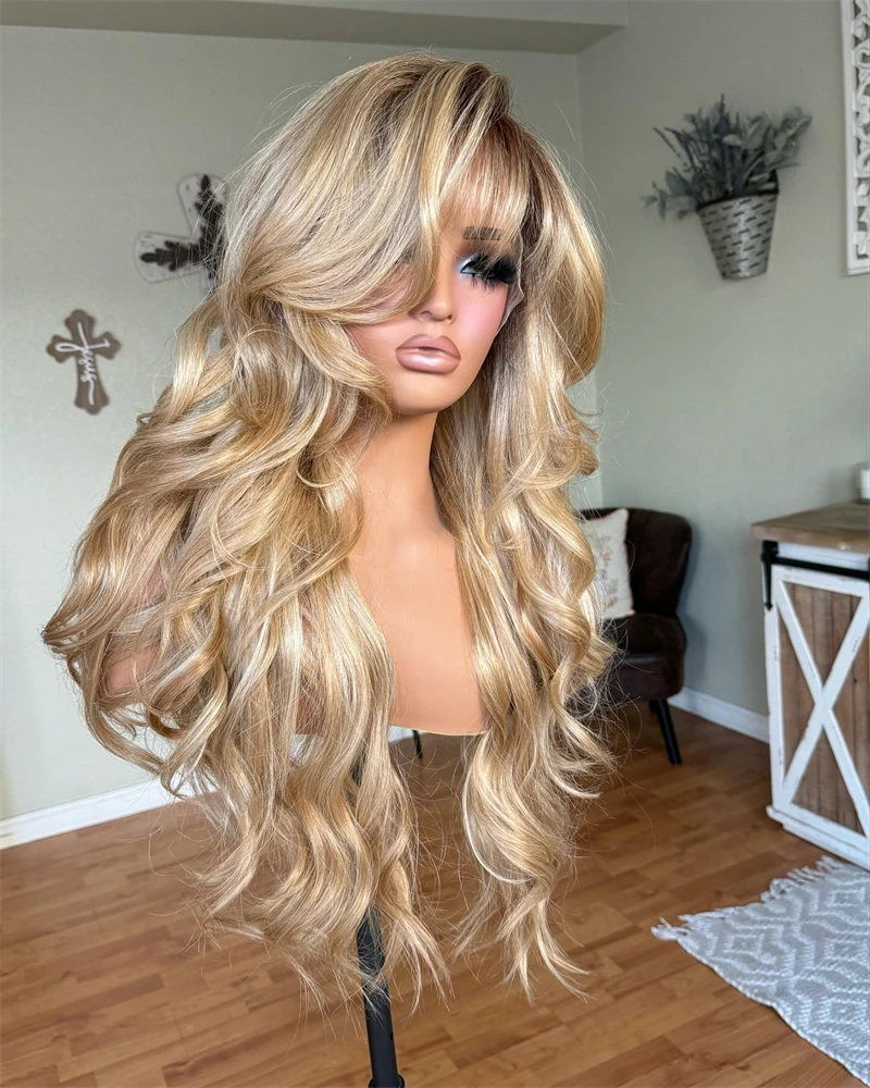 Light Honey Blonde with Icy Highlights Lace Part Wig with Bangs Synthetic Lace Front Wig for Women