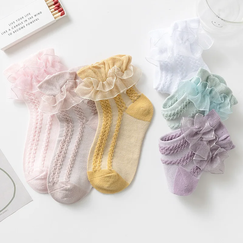 

Children Ankle Short Sock Cotton Lace Ruffle Princess Mesh Breathable Socks White Pink Purple Baby Girls Kids Toddler Dancing