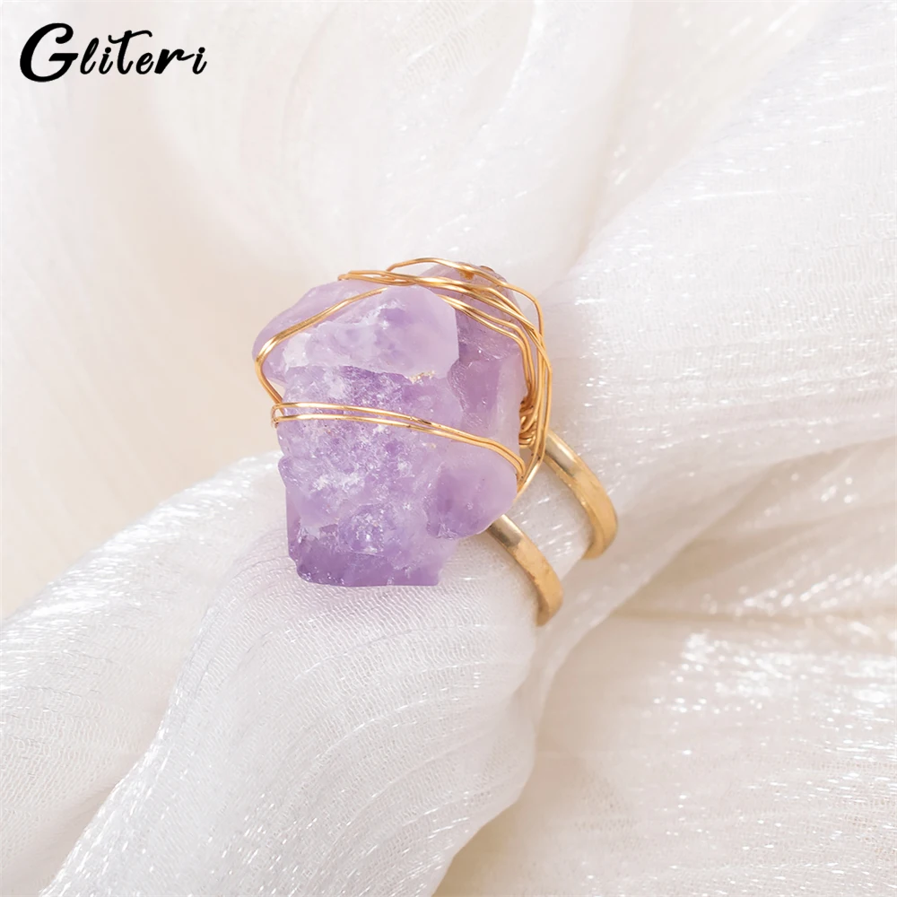 

GEITERI Geometric Irregular Purple Crystal Rings For Women Girls Natural Stone Open Adjustable Finger Ring Fashion Jewelry Party