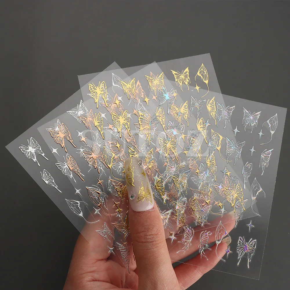 

Hot Stamping Holographic 3D Sweet Butterfly Nail Art Stickers Gold Silver Nail Adhesive Sliders Decals Cool Decor DIY Manicure