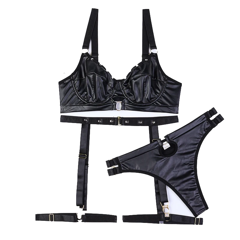 CHILLGIO Frauen Solid Black PU BH Kurze Anzüge Hot Sexy 3-teilig Erotik BH Fasion Push Up Bodycon Kunstleder Dessous Set – Detail 18