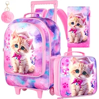3PCS Rolling Backpack for Girls, Kids Roller Wheels Bookbag, Wheeled Elementary School Bag with Lunch Bag - Cat 1