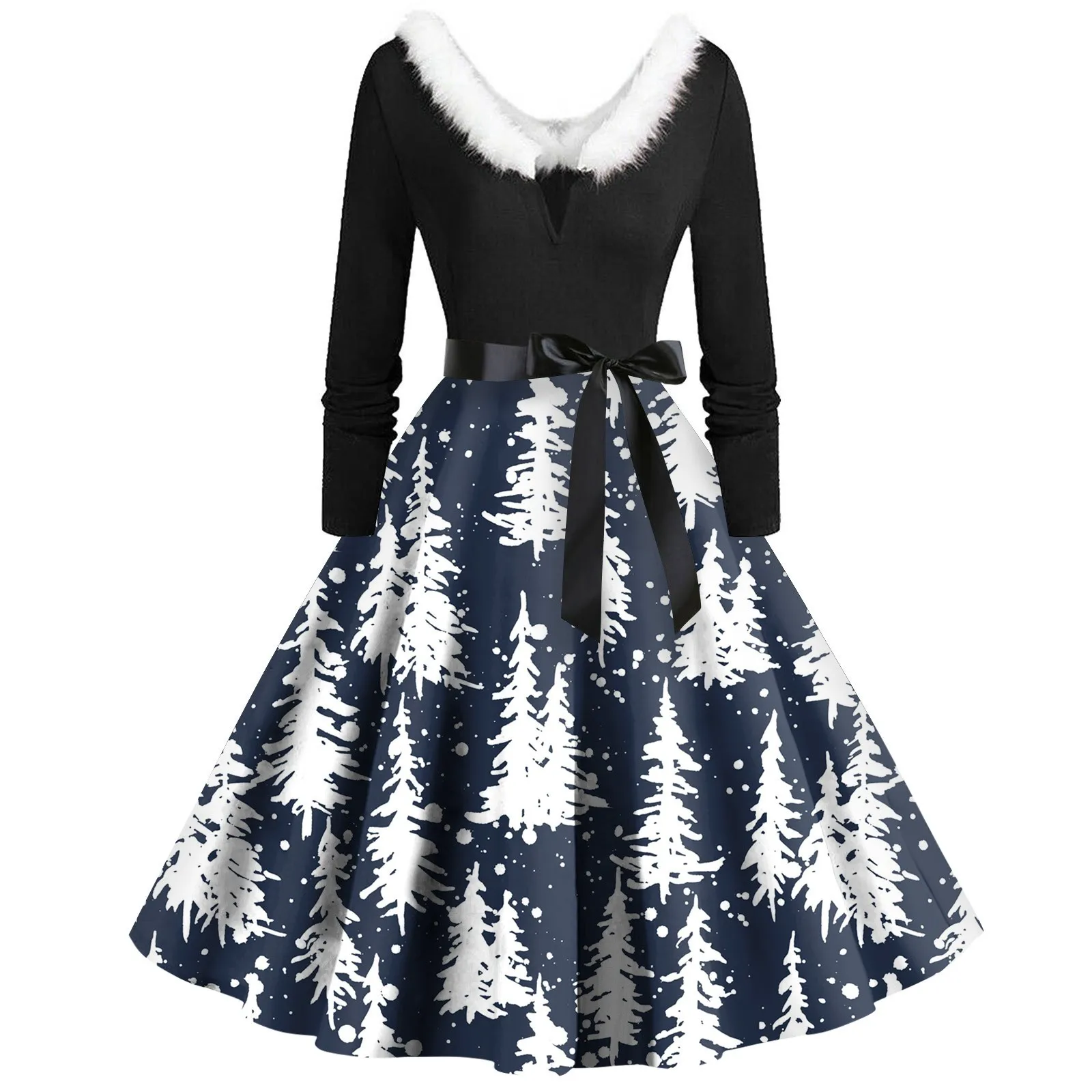 

Christmas Print Dress Women's Casual Fashion Long Sleeved Party Dress 2023 Autumn Winter V Neck Fur Collar Dress Female Vestidos