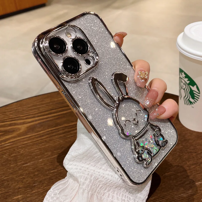 

Luxury Glitter 3D Rabbit Quicksand Phone Case For IPhone 11 12 13 Pro Max 14 Plus Cute Cartoon Lens Protection Shockproof Cover