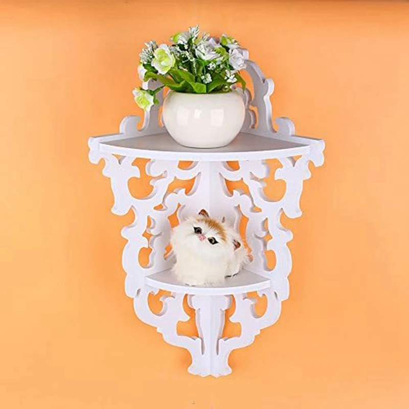 1 PCS 2 Tier Wall Mounted Carved Home Bathroom Corner Shower Storage Shelf Corner Shelf White Corner Display Rack For Decoration 3