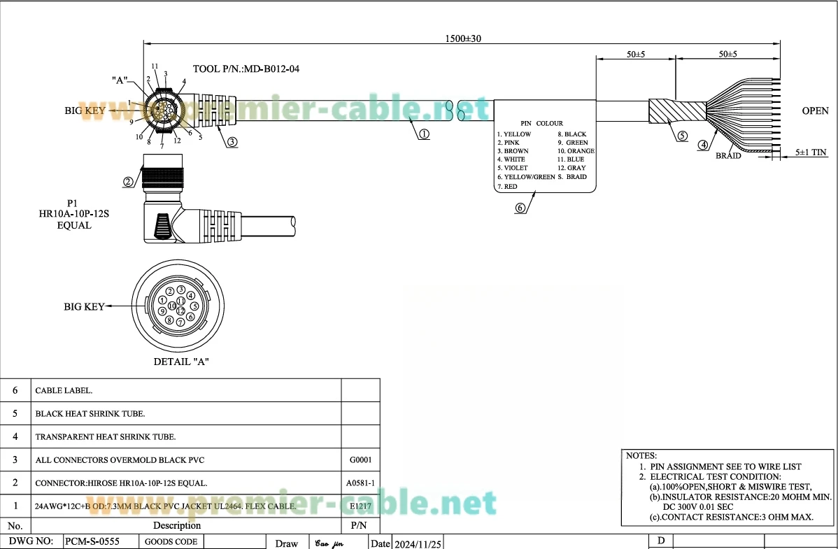 Rechtwinkliges kompatibles Hirose 12-Pin Buchsenkabel HR10A-10P-12S zu Anschlusskabel für Sony Hitachi Kamera B4 ENG Amira Alexa Basler – Detail 2