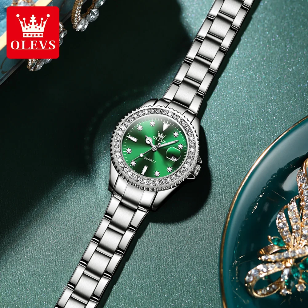 OLEVS Brand Luxury Diamond Couple Watches Men and Women Fashion Stainless Steel Waterproof Luminous Date Lovers Quartz Watch