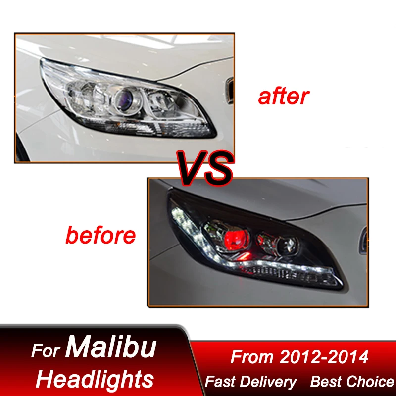 Pair Of Direct Replacement Headlights For 2013-2015 Chevy Malibu - Projector Style, Halogen, DOT Certified