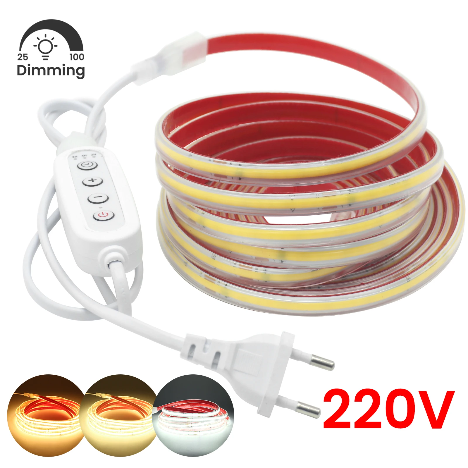 AC220V 디밍 가능 COB LED 스트립 240LED/M 유연한 LED 테이프 방수 로프 라이트 접착 테이프 밀도 선형 조명 EU UK AU 플러그