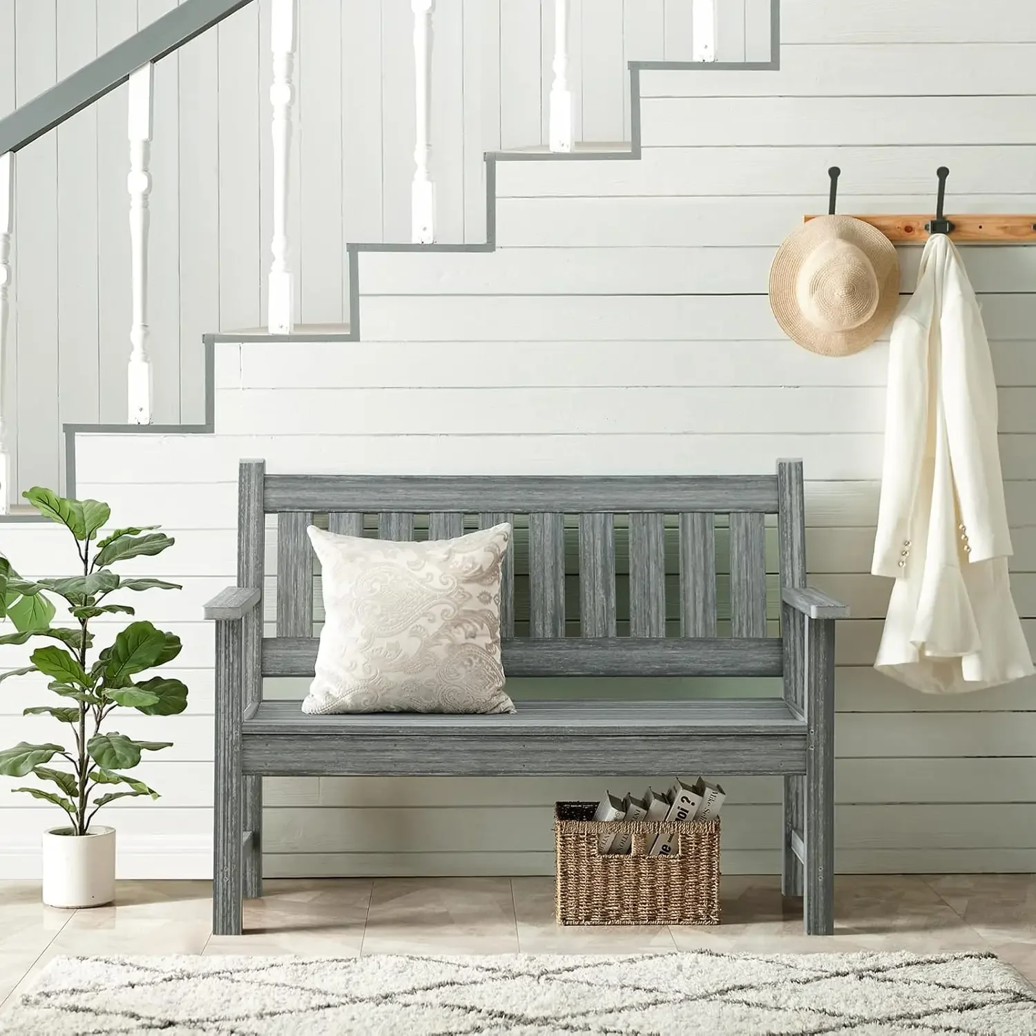 NEW-Outdoor Bench, 2-Person Garden Bench, Poly Lumber Patio Bench for Outdoors, Porch, and Park (Grey)