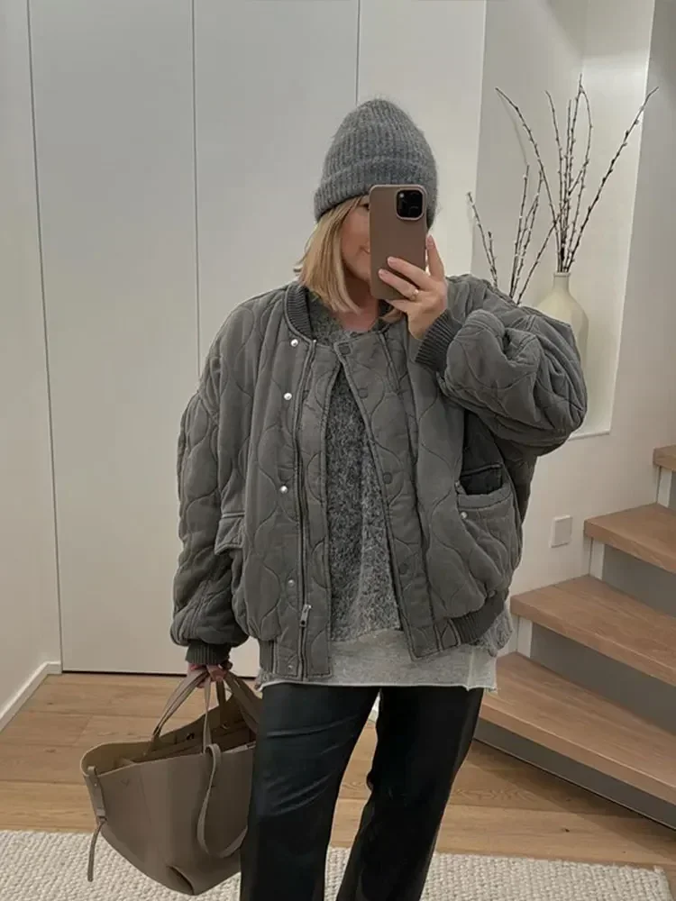 Quilted Single Breasted Grey Women's Cotton Jacket Casual Pocket Stand Collar Long Sleeved Coats Fall Winter Commuting Outerwear 4