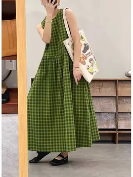 Slimming Plaid Cotton Lin Svel Long Dr Women's plus Size Dstring Waist round Ne Vest Skirt Commute Sle Summer... 1